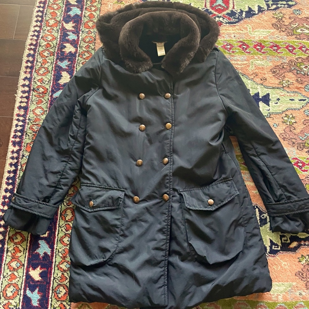 Bonpoint Navy Coat with Brown Fur Trim